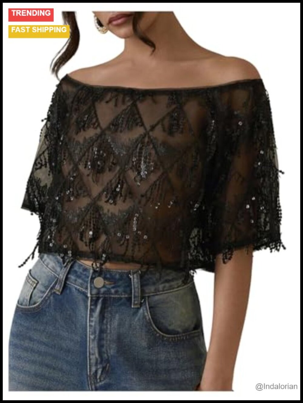 Sheer Sequin Off Shoulder Crop Top Short Sleeve Party Clubwear